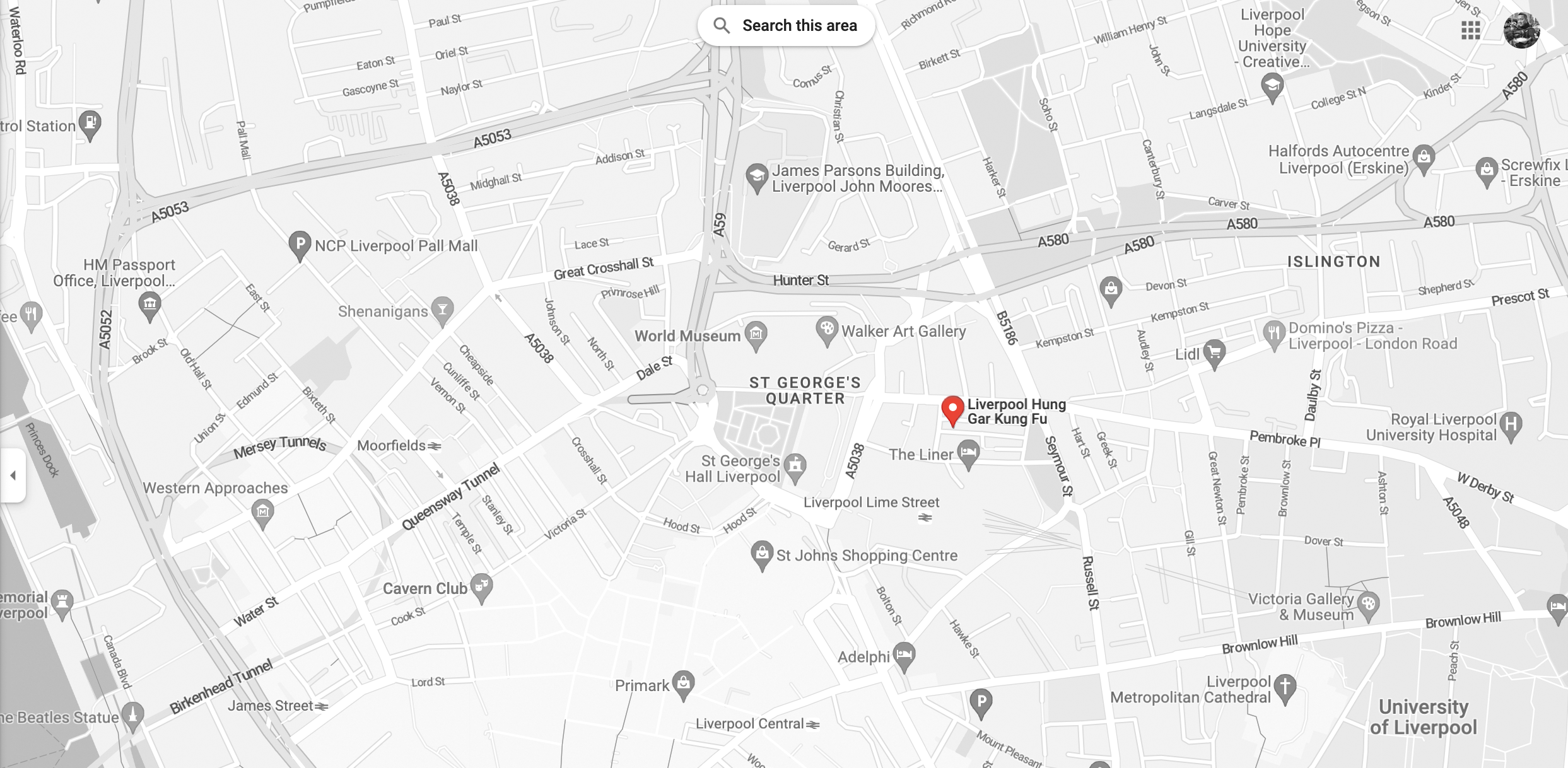 Map image showing Liverpool Hung Gar Kung Fu location